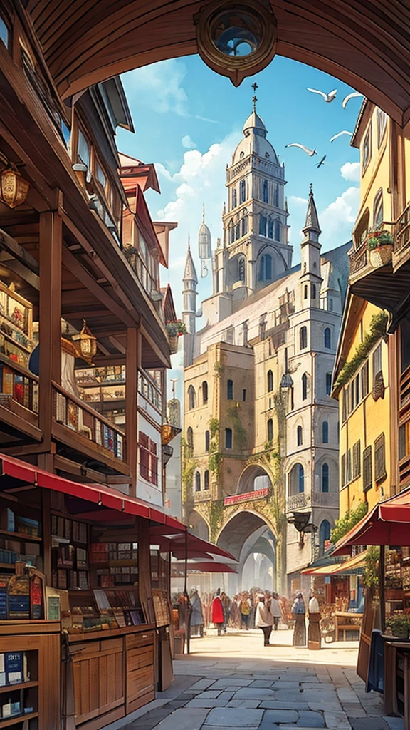 A detailed illustration of a bustling medieval port city with numerous ships docked, inspired by Renaissance maritime paintings, featuring intricate architectural details, vibrant market stalls, seagulls soaring overhead, daylight