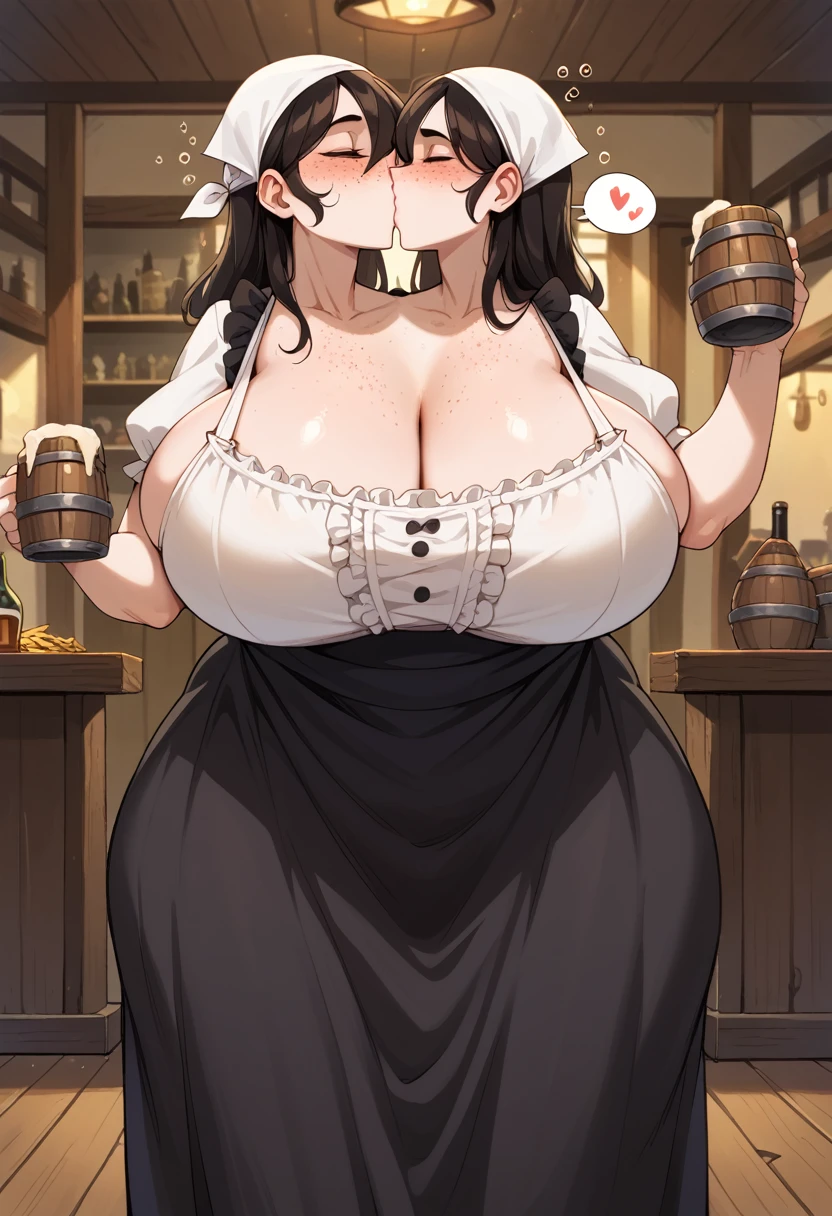 2heads, a tall thin woman with 2 heads. Inside a tavern. Wearing barmaid's outfit, hair in bandana. Drunk. Kissing men, standing near men, kissing boys. Freckles, many freckles. Extreme freckles. Missing one tooth. Huge breasts. Close-up, cute. Big saggy tits falling out of top. Standing next to man, kissing man to side.