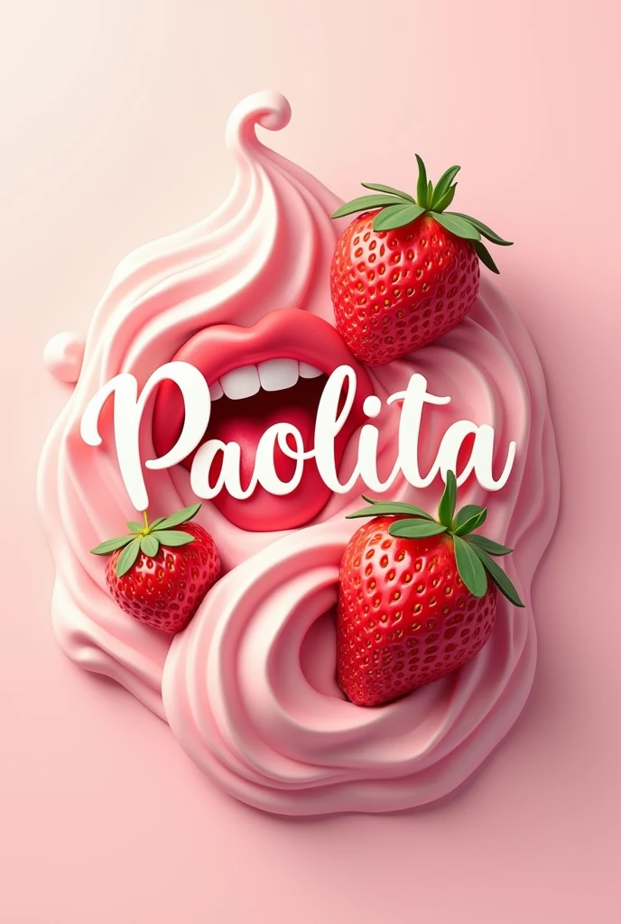Create a strawberry and cream logo with the name PAOLITA and a subliminal message with a mouth with a tongue that says 'delicious'