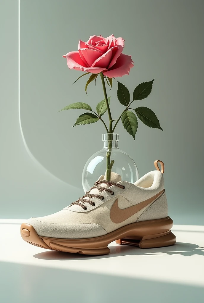 Crystal sports shoe with wooden soles, with metal laces that make a rose come out from inside and make a vase with sand inside the shoe