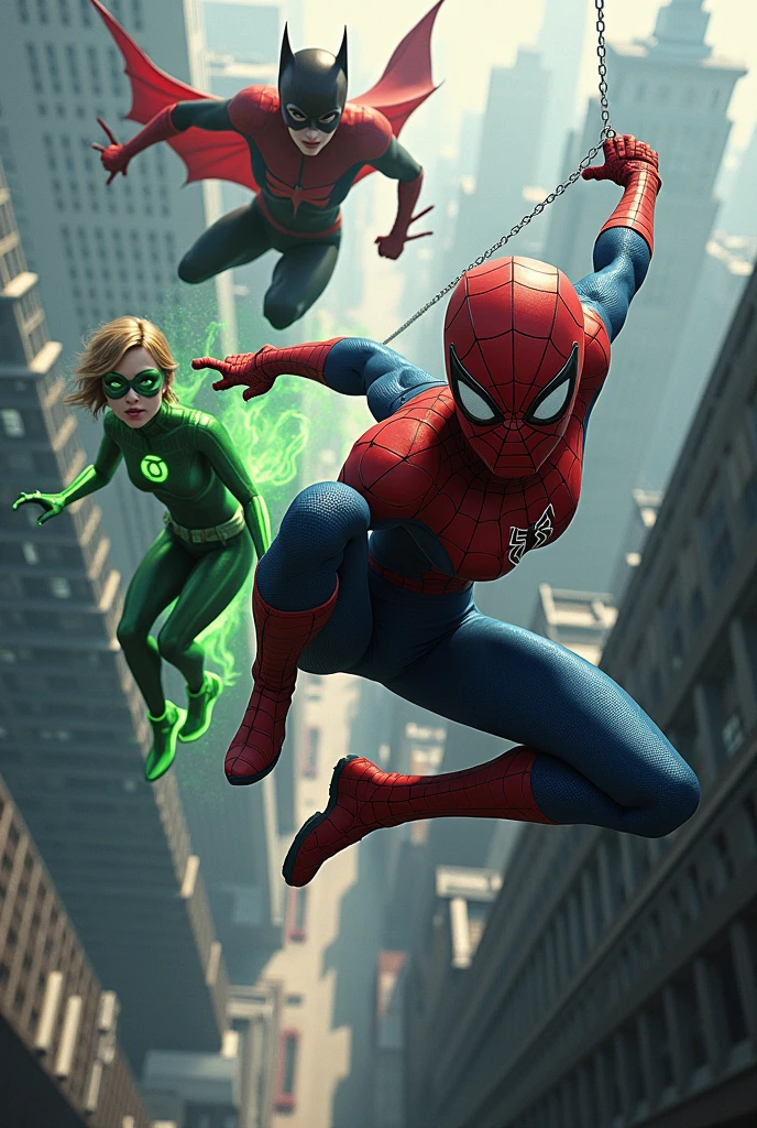 (photorealism:1.2), Spiderwoman swinging on her web alongside Green Lantern woman and Batwoman