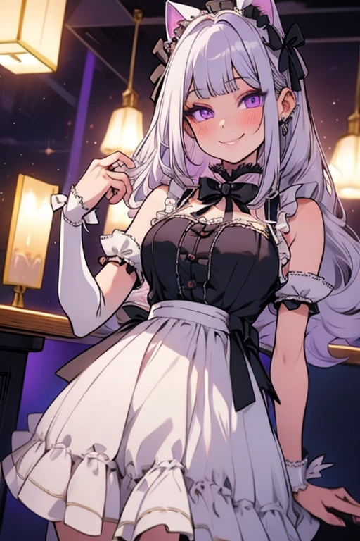 Perfect face. Perfect hands. A young silver haired woman with purple eyes and silver cat ears and a silver cat tail in a ta maids outfit is serving dinner in a fancy maid cafe with a big smile
