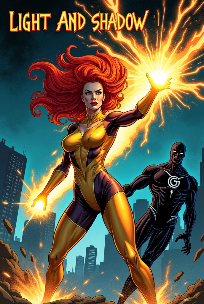 Generate an image of a comic book cover in the style of the 80s, where the superhero is a woman and her power is light and her hair color is red, and the villain is darkness, Put the name of the comic, light and shadow put this name