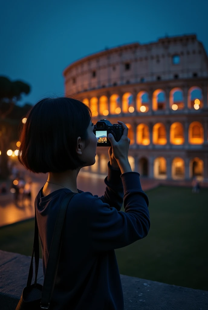 An Asian woman with bobbed hair taking a photo at the Colosseum.　There is no one around　night