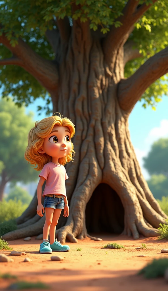 Princess Disney-style, high detailed, create a girl, , with blonde curly hair, hazel eyes, wearing a light pink T-shirt, short jeans and blue shoes. She stands beside a wise old tree at the edge of the garden. The tree, with its thick trunk and spreading branches, is speaking to Ayla, explaining that the garden’s water comes from an underground spring, but something is blocking it. Ayla listens attentively, with a determined expression, as she prepares to search for the blockage. The scene is set in the dry garden, with the tree standing tall and ancient. 3D Illustration Animation, Pixar style.