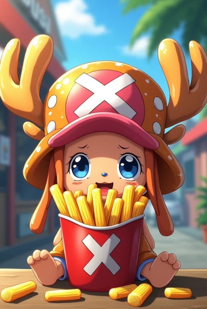One Piece animated potato-horned Chopper with a cup of french fries