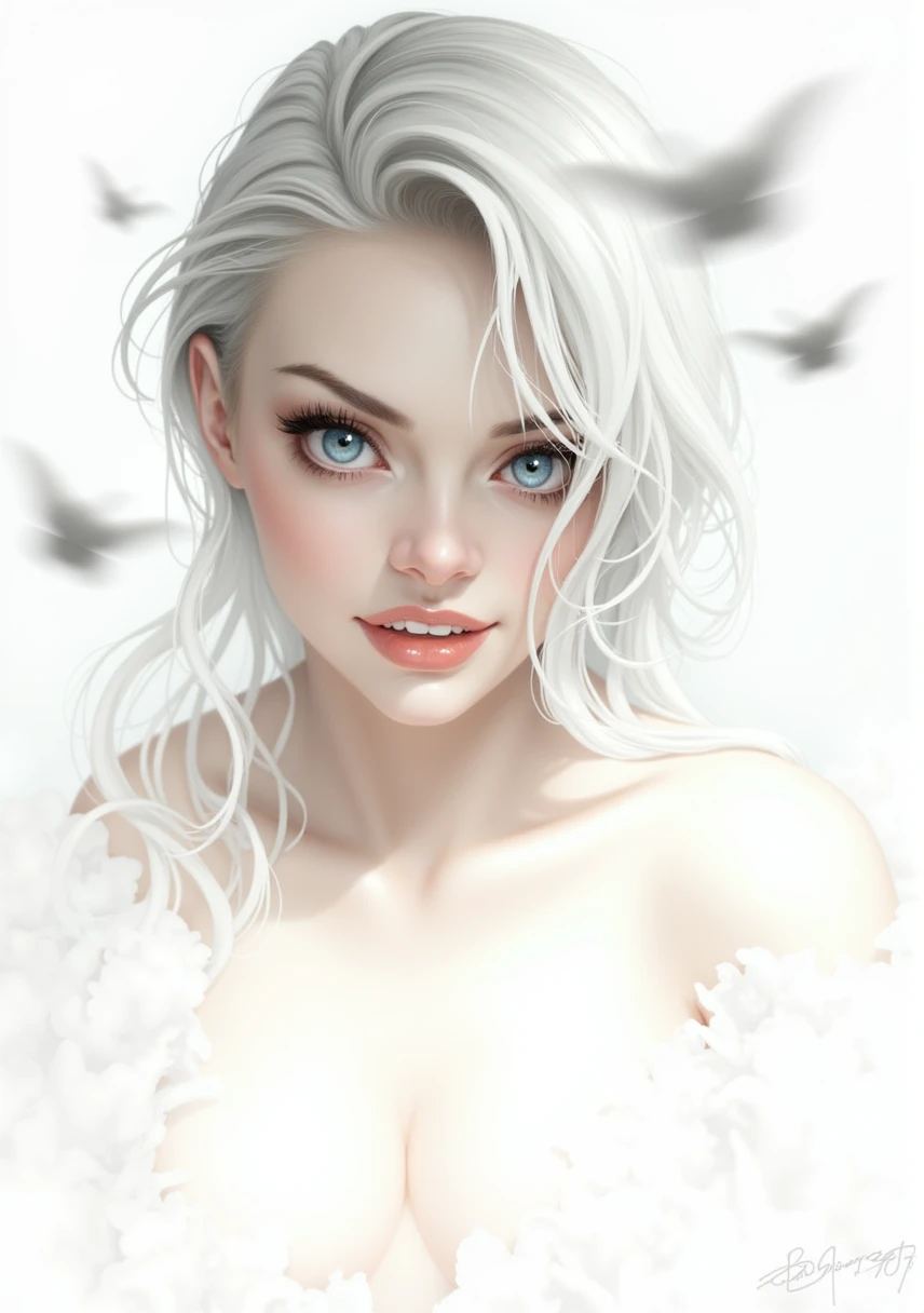 Woman with blue eyes, long white hair, large breasts, naked