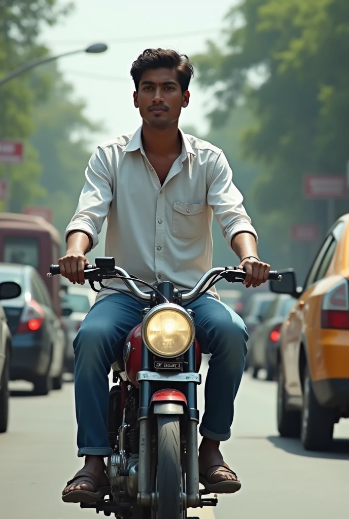 A real 25 years old men hieght 5.3m and weight 60kg (south india face cut without beard, Wearing white shirt blue jeans sneakers and the men is riding bike in trapfic  Create Realistic image high quality