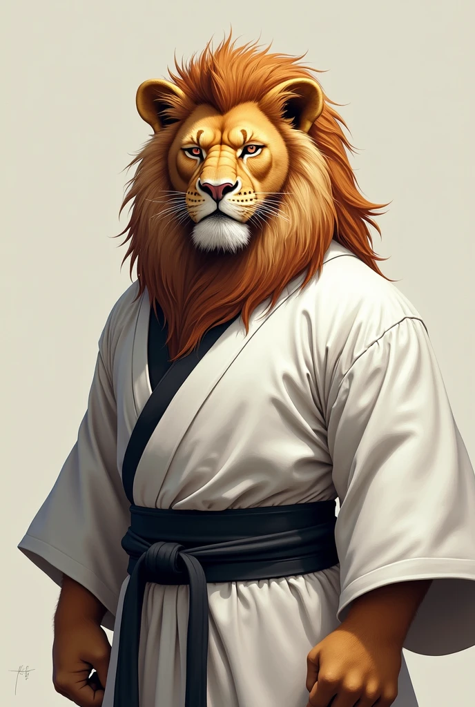 lion with one blind eye wearing a white kimono and a black belt, brave face standing