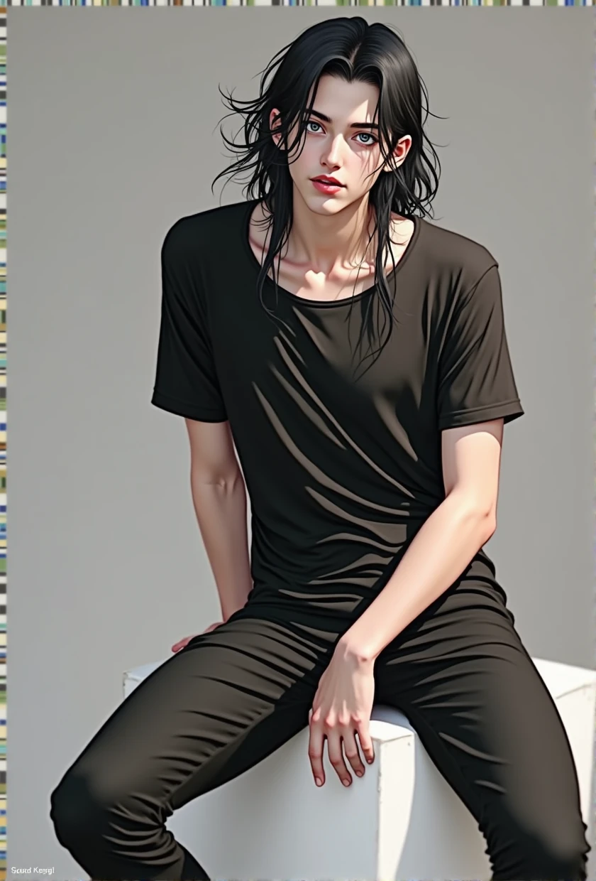 man, full length, anime, young, long black hair to the shoulders, beautiful facial features, grey eyes, thin build, realistically, shows tongue, sexual, masterpiece, in a black T-shirt and loose black leggings.