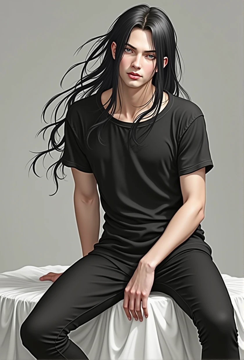 man, full length, anime, young, long black hair to the shoulders, beautiful facial features, grey eyes, thin build, realistically, shows tongue, sexual, masterpiece, in a black T-shirt and loose black leggings.