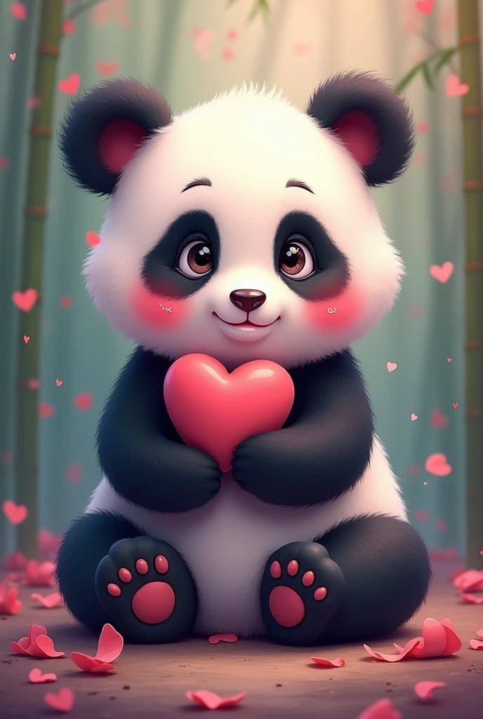 A female panda bear, with pink colors, showing that she is in love