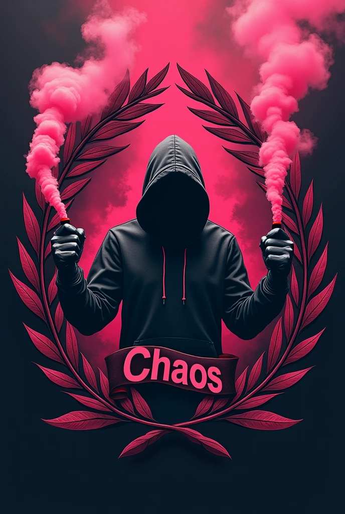 coat of arms with a crown of leaves on the sides and a hooded Hooligan Ultras-style football fan with smoke sticks in his hands, pink smoke coming out celebrating and a banner written Chaos, image background in black and pink and black details