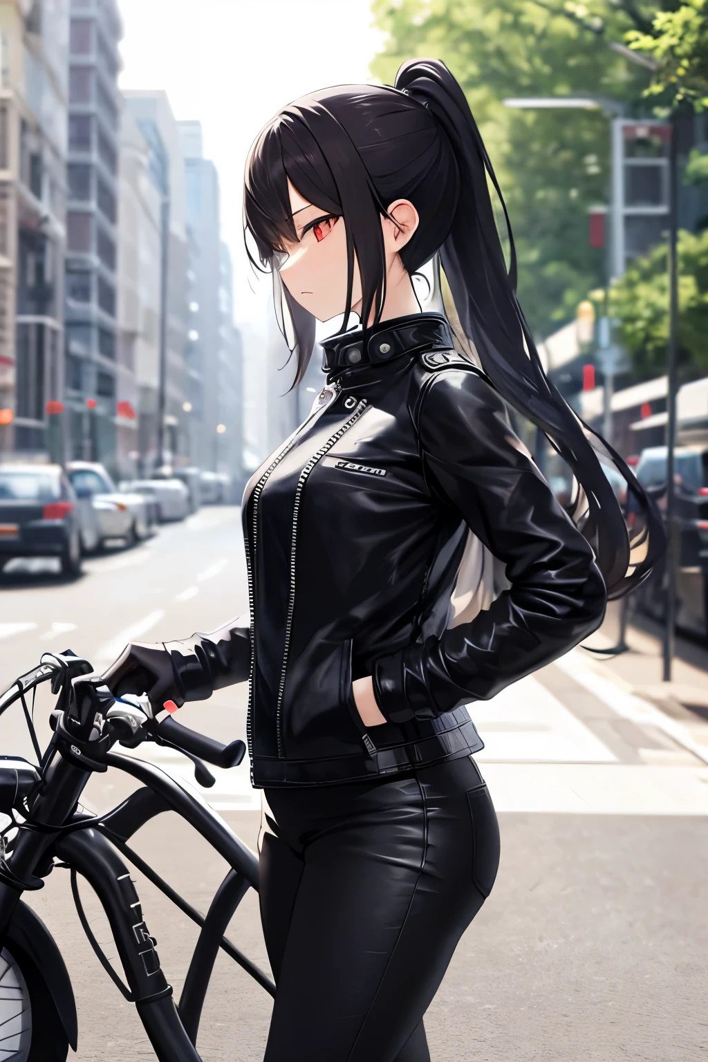 (masterpiece), best quality, BREAK, expressive eyes, (perfect face), 1girl, BREAK,( very long hair, black hair, ponytail), BREAK, (red eyes, agressive eyes, detailed eyes), BREAK, (unpleasant facial expression), BREAK, (very tall height), (skinny build), BREAK, (leather motocycle jacket), BREAK, (black pants), BREAK, (sneakers), BREAK, (downtown), BREAK, (standing), (sideview)
