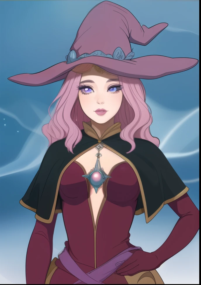 a cute witch woman, pink hair, witch pink hat, beautiful detailed eyes, beautiful detailed lips, extremely detailed face and eyes, long eyelashes, intricate details, whimsical, fantasy, colorful, vibrant, soft lighting, detailed magical effects, pink and purple color palette, ethereal, magical, fantasy art