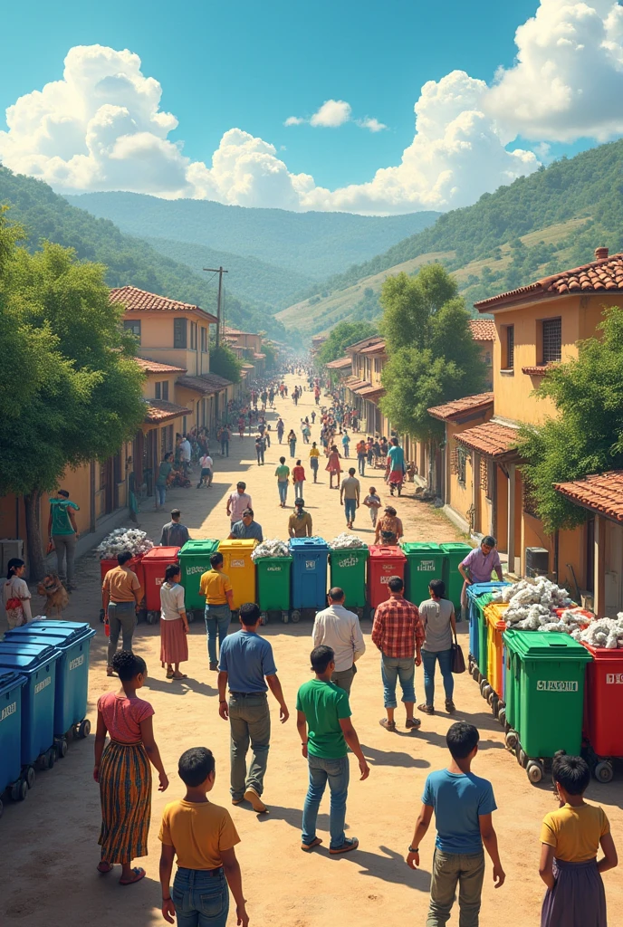 A scene depicting a community in Bolivia, with a clear focus on environmental protection through proper management of solid waste. People are shown actively participating in the separation of waste., with recycling bins labeled for plastic, paper and organic waste. The scenario includes urban and rural areas to emphasize the scope of the law.".