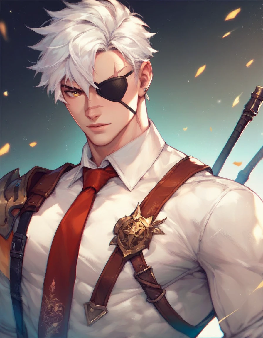 Human Male Assassin , white hair ,yellow eye ,eye patch, white shirt ,red Tie ,scar on eye ,