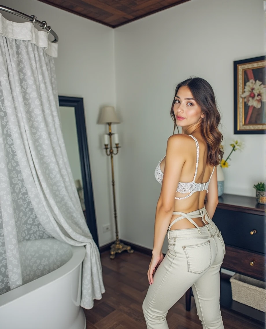 Beautiful 18 year old woman, with breasts and thin, Brown hair