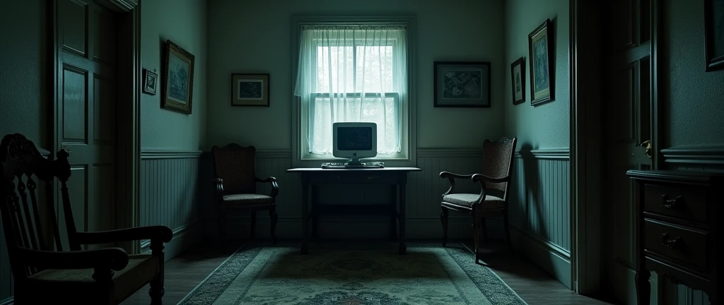 I want a realistic image of an office inside a dark and gloomy house. The image needs to be in first person (First-person view), with a bench and a monitor (screen) old to look at the security cameras in the middle, and two doors on the sides of the bench.