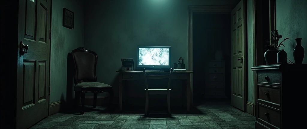 I want a realistic image of an office inside a dark and gloomy house. The image needs to be in first person (First-person view), with a bench and a monitor (screen) old to look at the security cameras in the middle, and two doors on the sides of the bench.