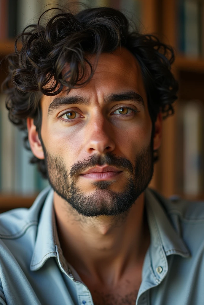 Create the image of a man, physics teacher who specializes in astrology, who usually wears loose, light-colored jeans, and a button-down social shirt. tem cabelo escuro, short curly hair. And also light brown eyes