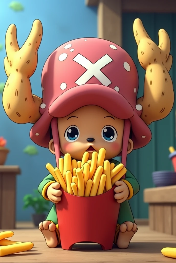 One Piece animated potato-horned Chopper with a cup of french fries
