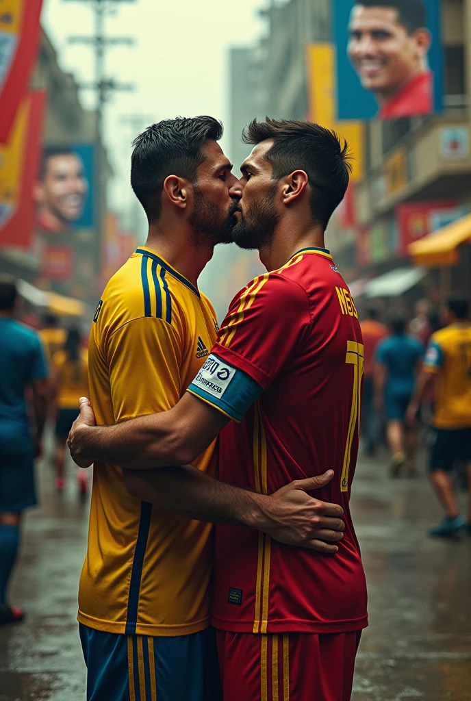 Messi and Cristiano Ronaldo kissing with Maduro's political campaign in the background