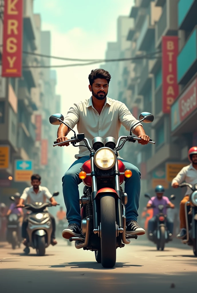 A real 25 years old men hieght 5.3m and weight 60kg (south india face cut without beard, Wearing white shirt blue jeans sneakers and the men is riding bullet bike in trapfic Create Realistic image high quality