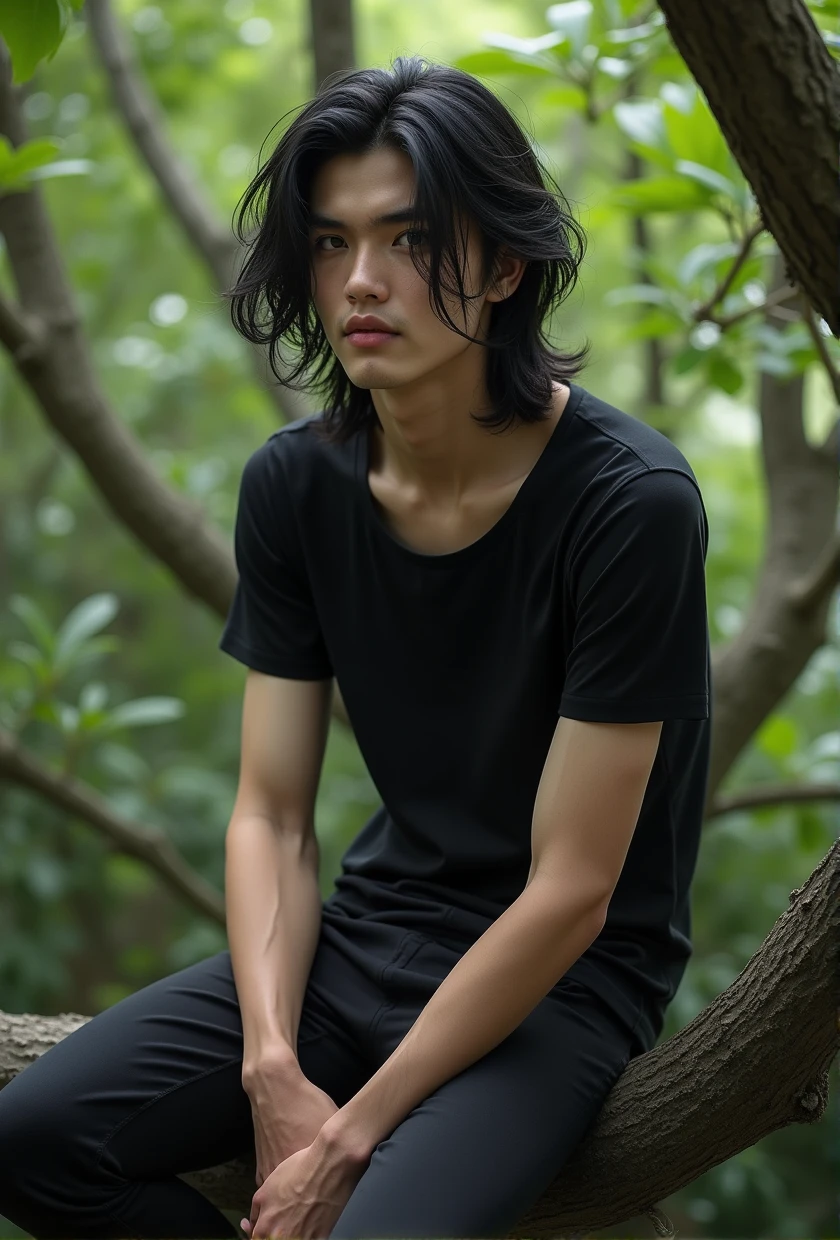 man, full length, anime, young, long black hair to the shoulders, beautiful facial features, grey eyes, thin build, realistically, shows tongue, sexual, masterpiece, in a black T-shirt and loose black leggings, sitting on a tree