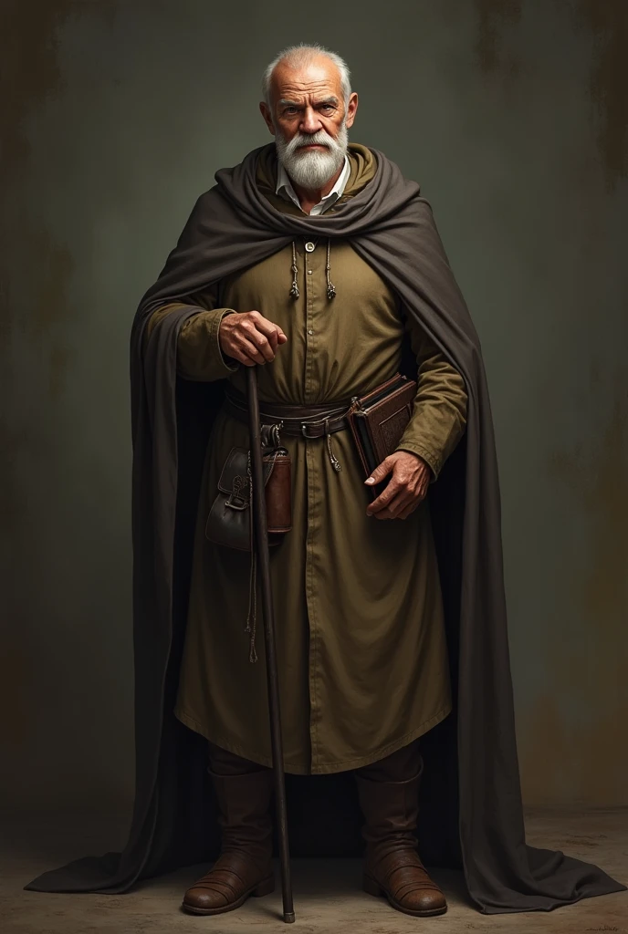 represents a mature and experienced man of 50 or 60 years. With simple but dignified clothes that reflect his wisdom and experience like a cloak or a cape. with a thoughtful and wise expression, with wrinkles on the forehead and around the eyes.accessories like a cane or a book. You could use more muted and serious colors like browns, gray or black. From the Middle Ages and full-length