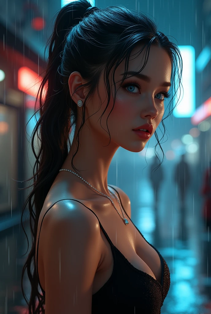 From the side, hips up, ((addielyn)), side pose, random pose, night, (extremely delicate and beautiful work), (masterpiece), 1girl, naked, highly detailed, ponytail twist, charming expression, beautiful and clear eyes, blue eye pupils, delicate pearl necklace, delicate earrings, simple blurred background, extreme detail description, beautiful, charming, ultra-fine painting, delicate face, delicate figure, fine collarbone, cute lips, Soft Behind, mix4, (8k, RAW photo, best quality, masterpiece: 1.2), (realistic, photorealistic: 1.37), 1 girl, cute, cityscape, night, rain, wet, professional lighting, photon mapping, radiosity, physically based rendering, full view, high heels