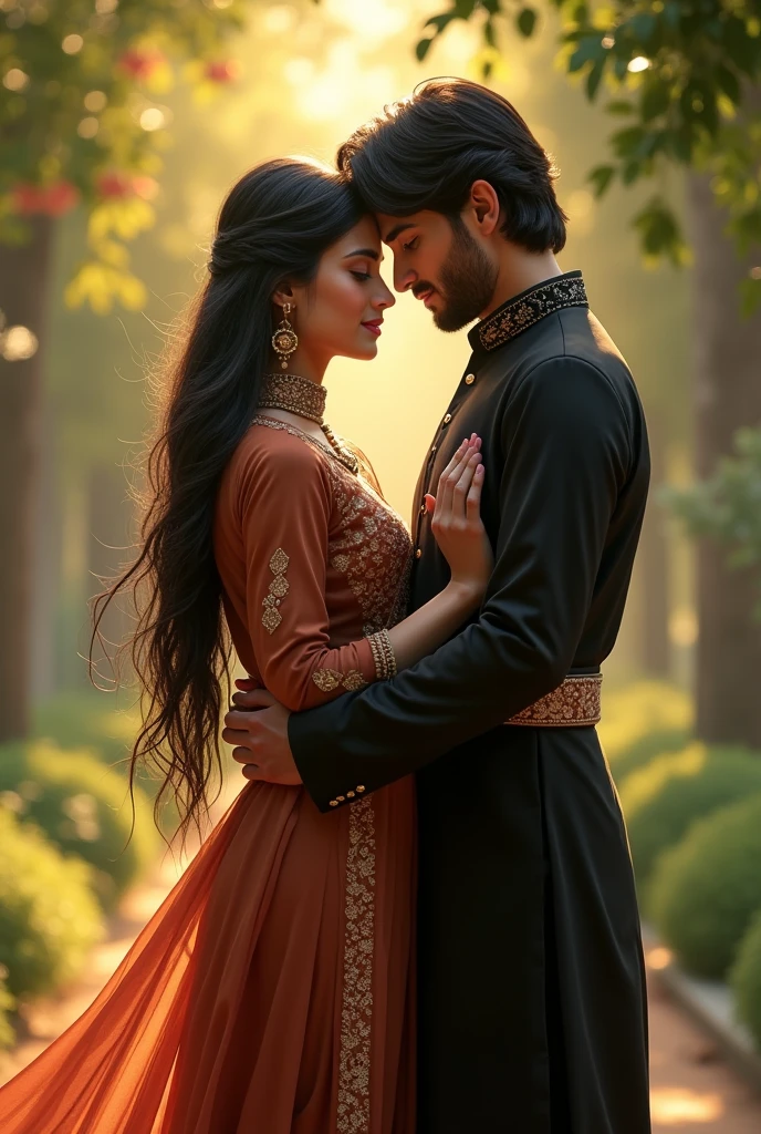 Create a girl with black long hair white skin along with brown kurta shalwar standing in hands of a handsome guy also wearing black shalwar kameez
