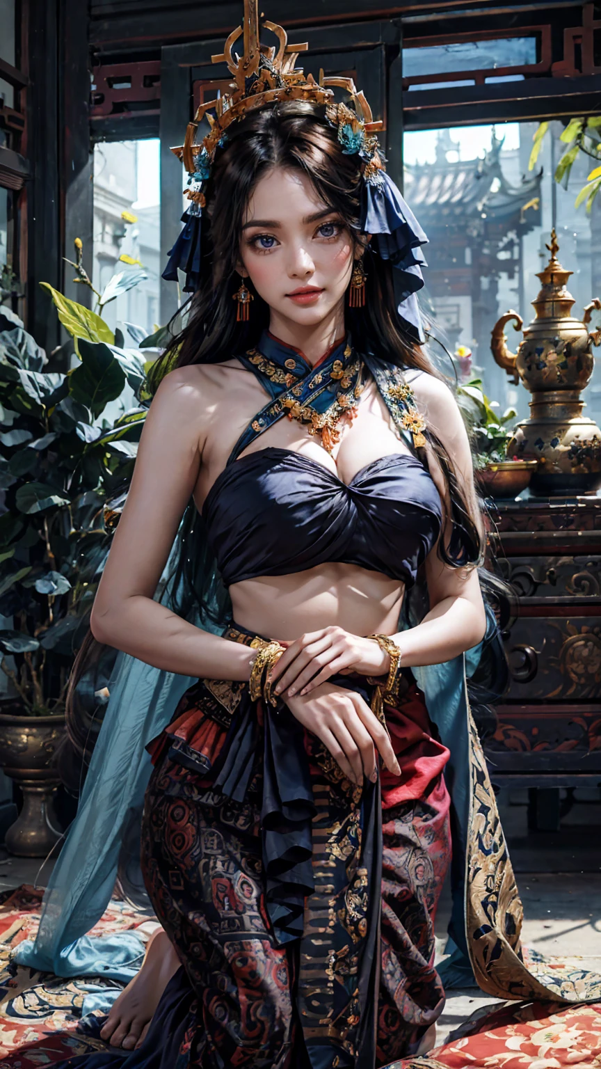 Best quality, masterpiece, ultra high res, raw photo, beautiful and aesthetic,deep shadow, dark theme,(ultra detailed:1.3),
1girl, sitting pose, flower headdress, full of curtain, drill hair, long hair, brown hair, gradient hair, blue eyes, solo, huge breasts, big hair, blue hair, divine goddess, looking at viewer, chinese city, Chinese theme, Chinese style, indoors, bedroom, astraea, full body, sabai dress,
strapless bali traditional dress,
Bali traditional skirt