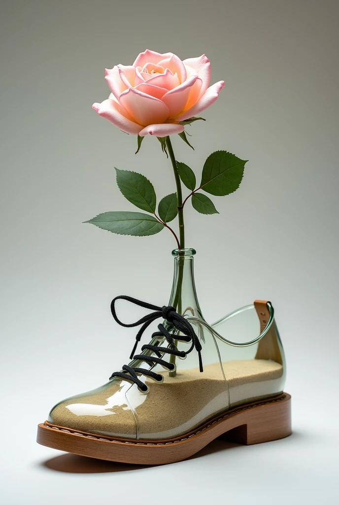 Glass sports shoe with wooden soles, with iron laces that inside a rose comes out and is a vase with sand inside the shoe
