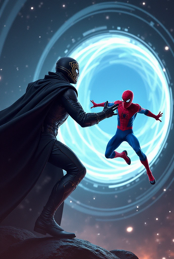 Make an image of the masked Lord Destiny running after Spider-Man who has entered a stargate using his web for a profile picture.