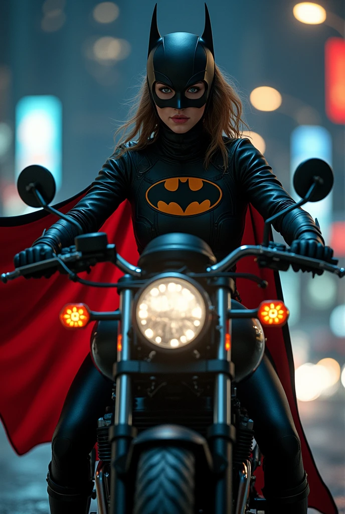 Lesbian looking young woman, a Batman superhero mask, with leather jacket, black and red cape, and a motorcycle, brown hair light gray eyes. All at night.