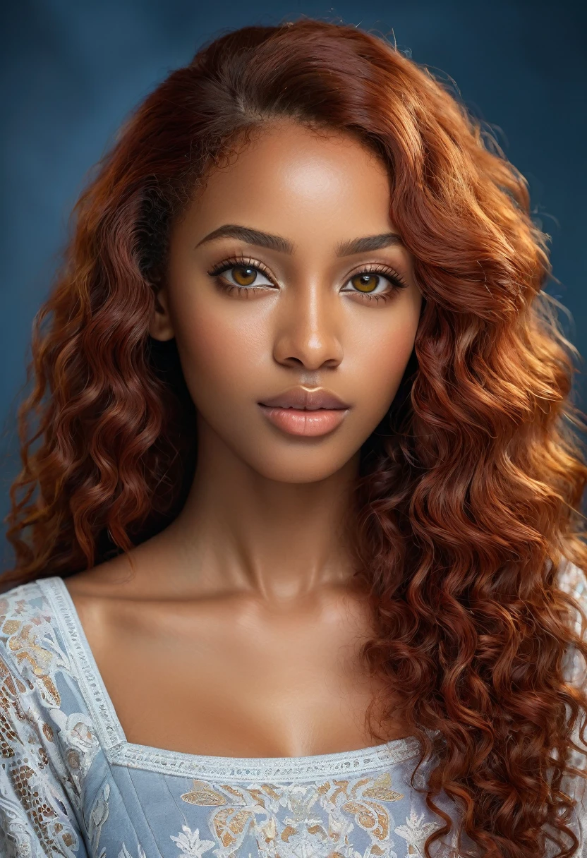 a beautiful young black woman, 26 years old, with long curly readhead hair, red hair, detailed perfect skin, beautiful almond clear yellow eyes, delicate nose and lips, height 170 cm, weight 75kg, realist, (Best Quality,4k,8k,High resolution,masterpiece:1.2),ultra detailed,(realist,photorealist,photo-realist:1.37),HdR,HD,studio lighting,Ultrafine paint,sharp focus,physically based rendering,extreme detailed description,professional,vivid colors,bokeh,portrait