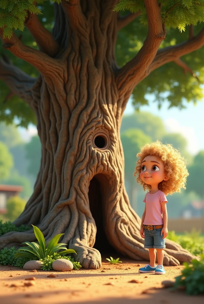 Princess Disney-style, high detailed, create a girl, , with blonde curly hair, hazel eyes, wearing a light pink T-shirt, short jeans and blue shoes. She stands beside a wise old tree at the edge of the garden. The tree, with its thick trunk and spreading branches, is speaking to Ayla, explaining that the garden’s water comes from an underground spring, but something is blocking it. Ayla listens attentively, with a determined expression, as she prepares to search for the blockage. The scene is set in the dry garden, with the tree standing tall and ancient. 3D Illustration Animation, Pixar style.