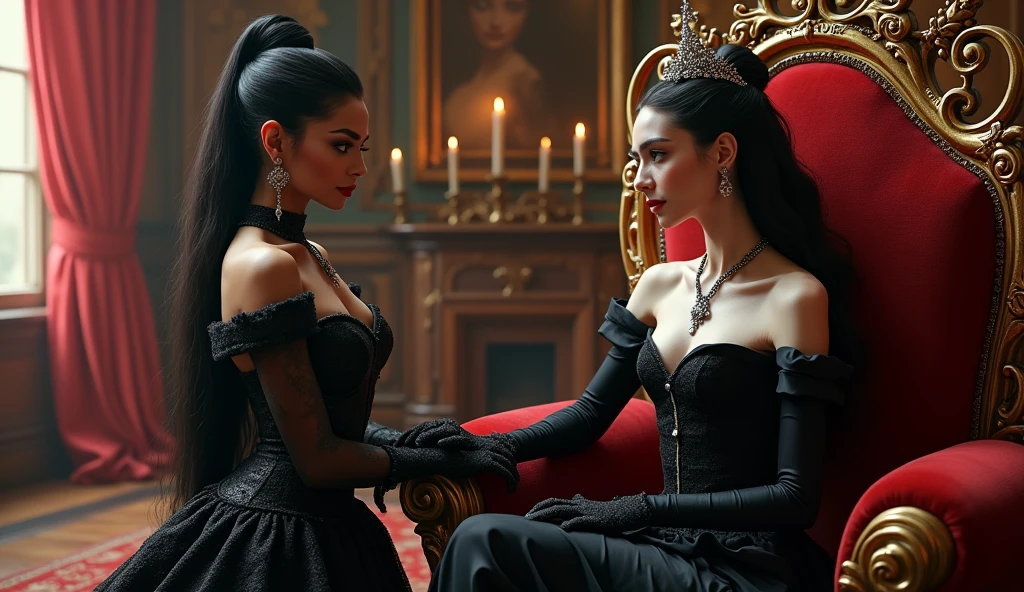 "A full-body shot of a (extra wide angle) in a dark low light medeval ballroom in an old palace. 2 queen twin sisters with big light-colored eyes, super-long shiny blackest hair, ((Detailed face:1.2)), perfect beautiful teeth, perfect hands, five fingers on each hand, big breasts cleavage, most perfect eyes 1:1, white perfect skin, rosy cheeks. They are dancing in a middle of a big enormous ballroom with sparkling pink cristals everywhere in the candelight 1:1 Wearing a layered black, white and gold ballroom dresses with lace and shiffon. leans bending to the side nonchalantly beside a black thrown. On their head is a gold crown, adorned with pink crystals 1:1. A white cat lounges on the floor in front of her 1:1, while a blue bird perches atop the throne. The scene includes a elegant, extraordinairy beautiful gothic empresses, striking a bendover poses, excited and laughing. their long black hair flowing all around. Embodying a beautiful yet disheveled gothic queens (Best Quality) (Detailed). The environment exudes a medieval fantasy vibe, with a big black intricate throne in a corner, a dark medeval chandelier with few candles hanging from the ceiling a very low romantic lighting. In a fantastic scene that uses 3D Surreal 3D model. Big gold gothic medieval five armed candlesticks sit on a blacktable, surrounded by crystal wine glasses—one tipped over and another half-full of wine. The entire setup is Best Quality, masterpiece yet regal, capturing the essence of a beautiful and happy girls, fantastical gothic setting, moist. Low lighting under neath, framed with the grandeur of medieval gothic style. photographed in a Canon EOS R5, 50mm Lens, F/2.8, nffsw, (8K)"