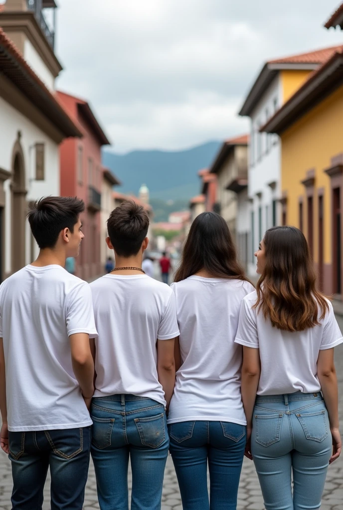 Two young men and women wearing white t-shirts with their backs to the camera in Cuenca, Ecuador 