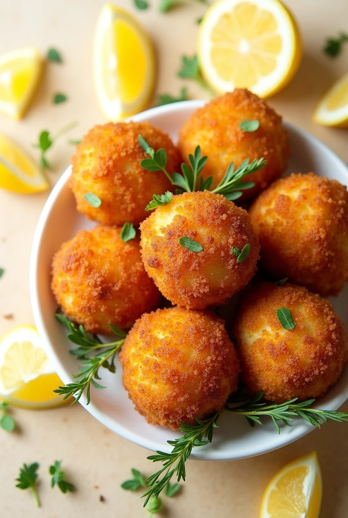 Cria bolinhos de peixe croquetes, douradinhos, fritos, with herb, lemon decoration
resolution 1080px by 1080px