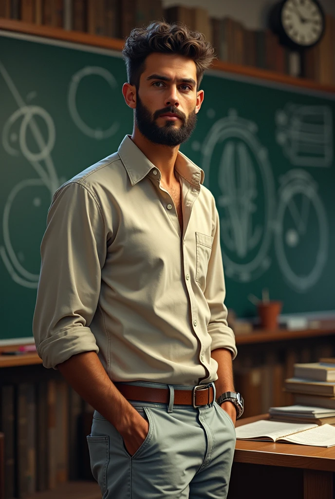 Create the image of a man, physics teacher who specializes in astrology, who usually wears loose, light-colored jeans, and a button-down social shirt. tem cabelo escuro, short curly hair. And also light brown eyes, with beard, Medium height