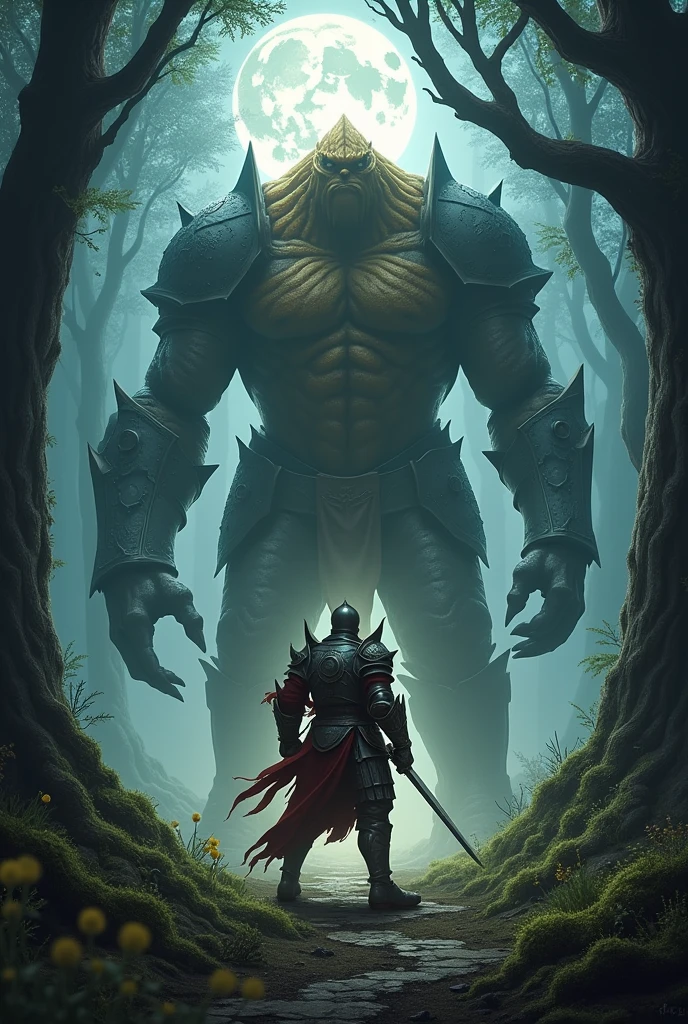 A night world in a forest with a guy in armor fighting a giant Dorito