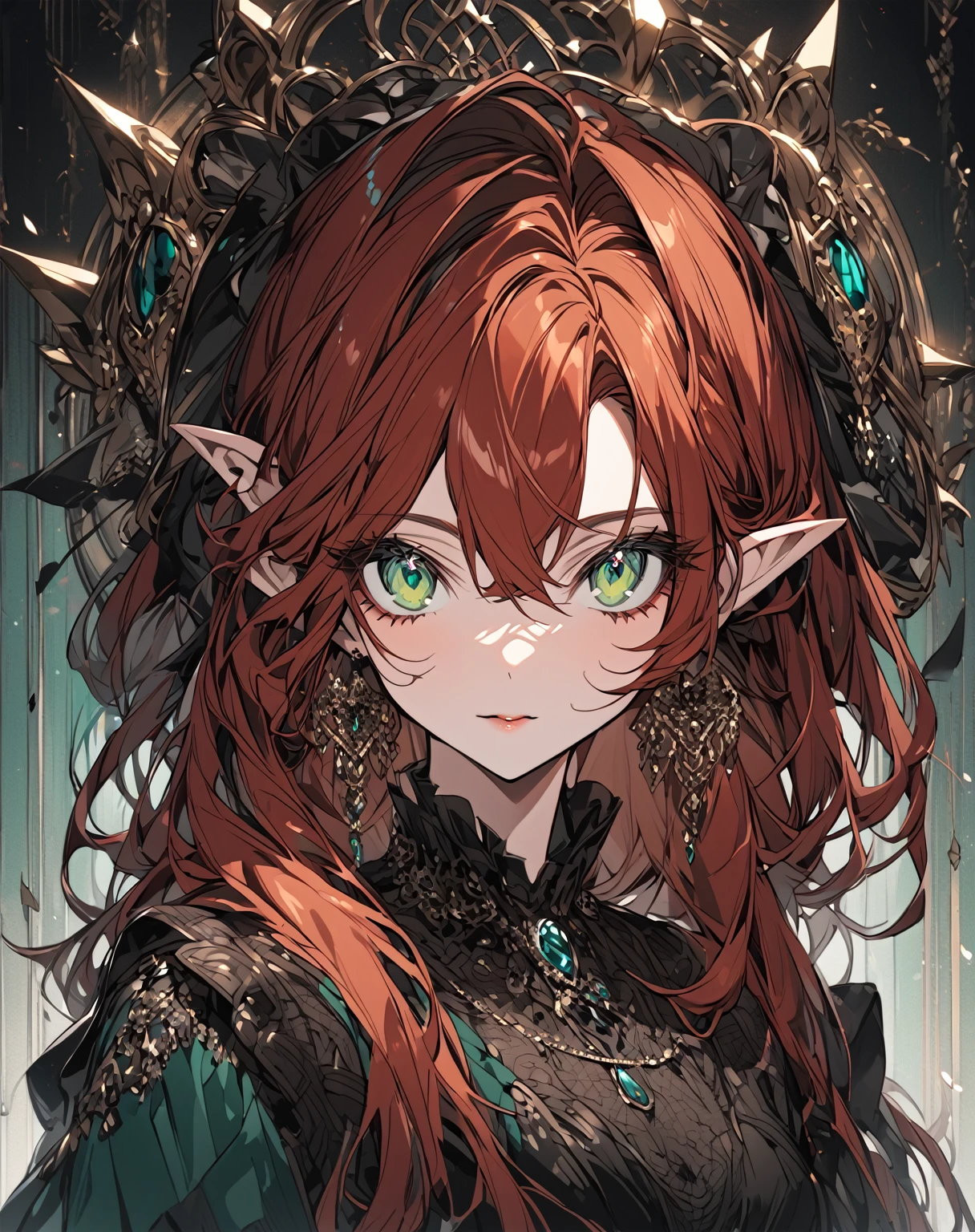 A portrait of the most beautiful auburn haired woman with shiny aquamarine-green eyes and small pointed ears wearing a luxurious gothic dress