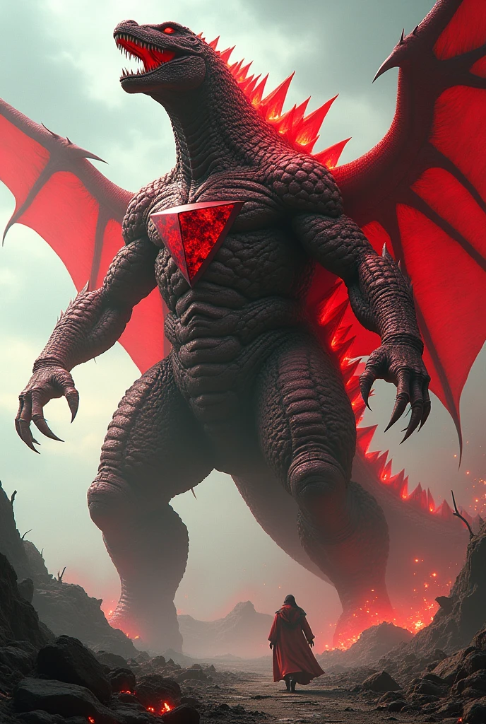 RED GODZILLA WITH RED EMERALD STONE ARMOR WITH HUGE RED FIRE WINGS 