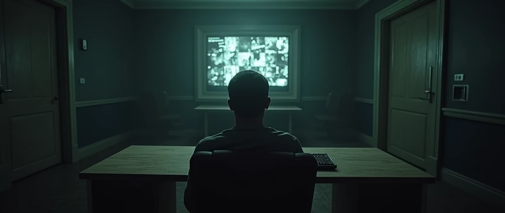 I want a realistic image of an office inside a dark and gloomy house. The image needs to be in first person (First-person view, as if the person was sitting in a chair in front of the counter), with a bench and a monitor (screen) old to look at the security cameras in the middle, and two doors on the sides of the bench.