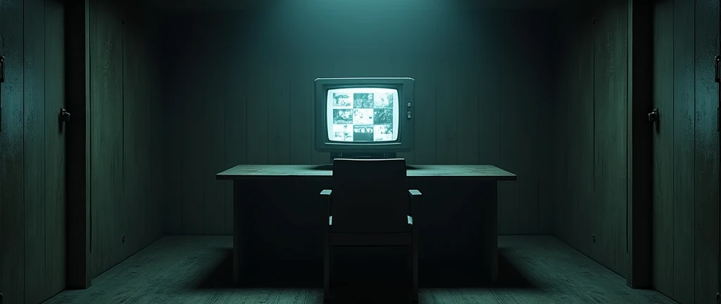 I want a realistic image of an office inside a dark and gloomy house. The image needs to be in first person (First-person view, as if the person was sitting in a chair in front of the counter), with a bench and a monitor (screen) old to look at the security cameras in the middle, and two doors on the sides of the bench.