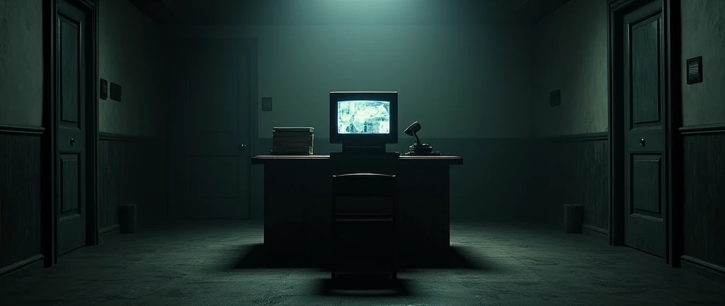 I want a realistic image of an office inside a dark and gloomy house. The image needs to be in first person (First-person view, as if the person was sitting in a chair in front of the counter), with a bench and a monitor (screen) old to look at the security cameras in the middle, and two doors on the sides of the bench.