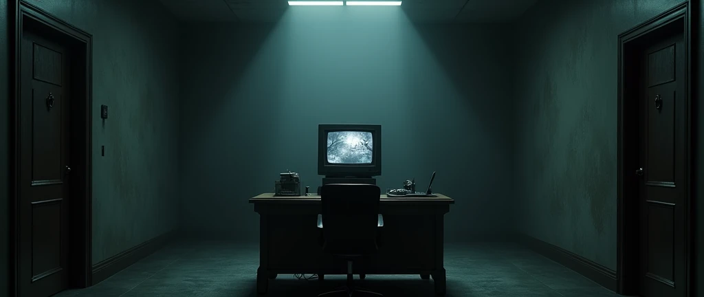 I want a realistic image of an office inside a dark and gloomy house. The image needs to be in first person (First-person view, as if the person was sitting in a chair in front of the counter), with a bench and a monitor (screen) old to look at the security cameras in the middle, and two doors on the sides of the bench.