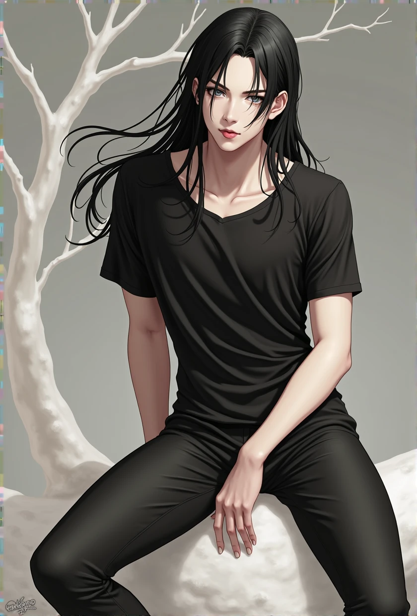 man, full length, anime, young, long black hair to the shoulders, beautiful facial features, grey eyes, thin build, shows tongue, sexual, masterpiece, in a black T-shirt and loose black leggings, sitting on a tree 